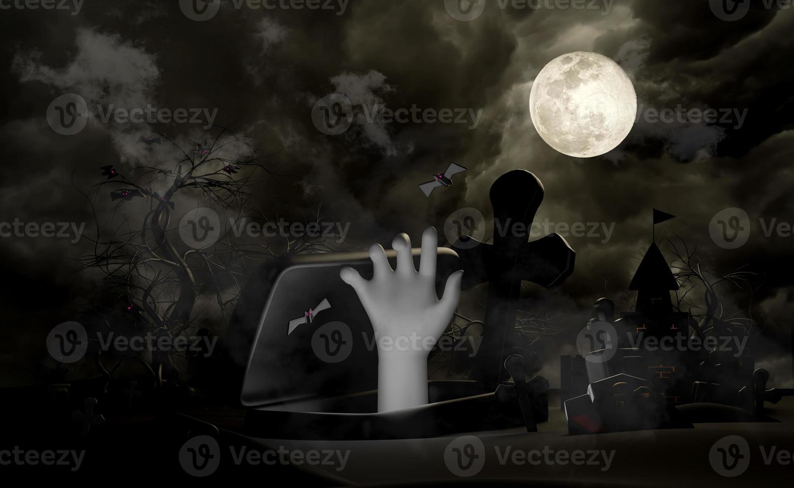 3D-Friedhofs-Halloween-Feiertagsparty mit der Hand eines Untoten, Spukschloss, Vollmond, fliegende Fledermäuse, Grab, Gräber, Nebel, unter dem Mondlicht für fröhliches Halloween, Horror an Halloween, 3D-Rendering foto