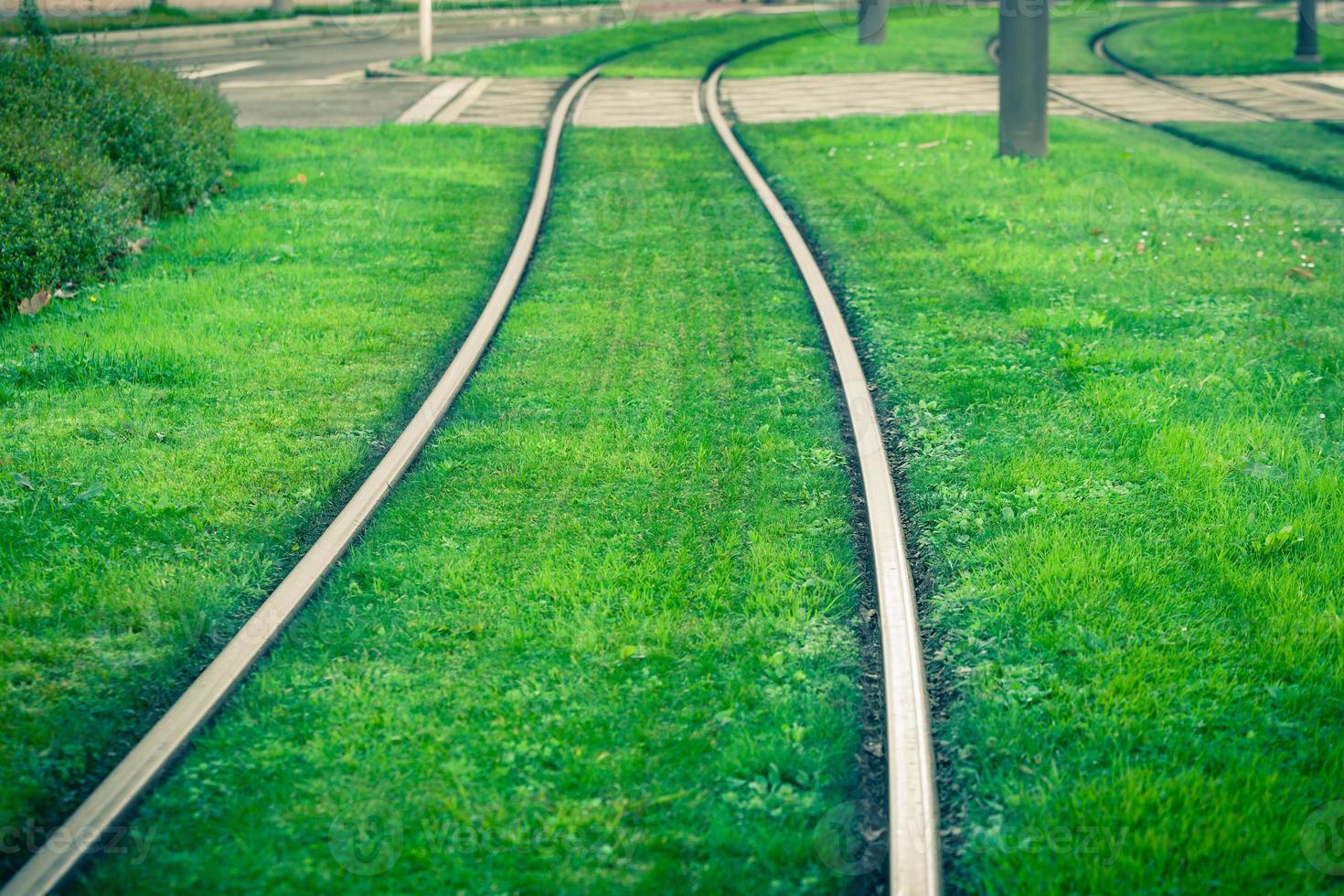 Straßenbahnschienen mit grünem Gras bedeckt foto