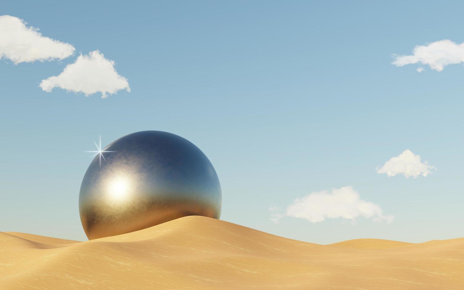 abstrakter Dünenklippensand mit metallischen Bögen und sauberem blauem Himmel. surrealer minimaler wüstenlandschaftshintergrund. Szene der Wüste mit glänzenden metallischen Bögen geometrisches Design. 3D-Rendering. foto