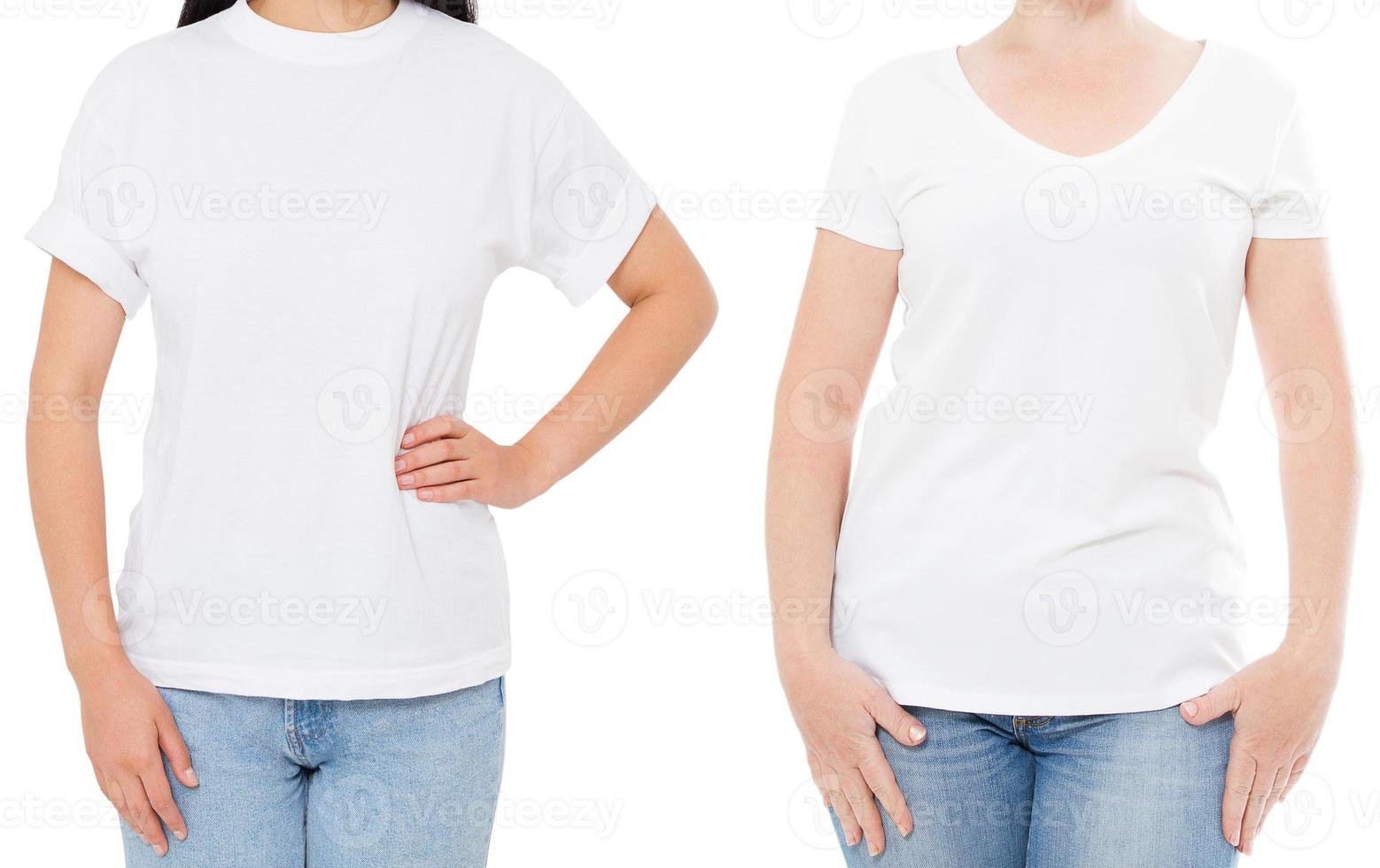 Frau weißes T-Shirt Mockup, leeres leeres T-Shirt, Mädchen im leeren T-Shirt-Kopierraum, weißes T-Shirt isoliert auf weißer Hintergrundcollage oder Set foto