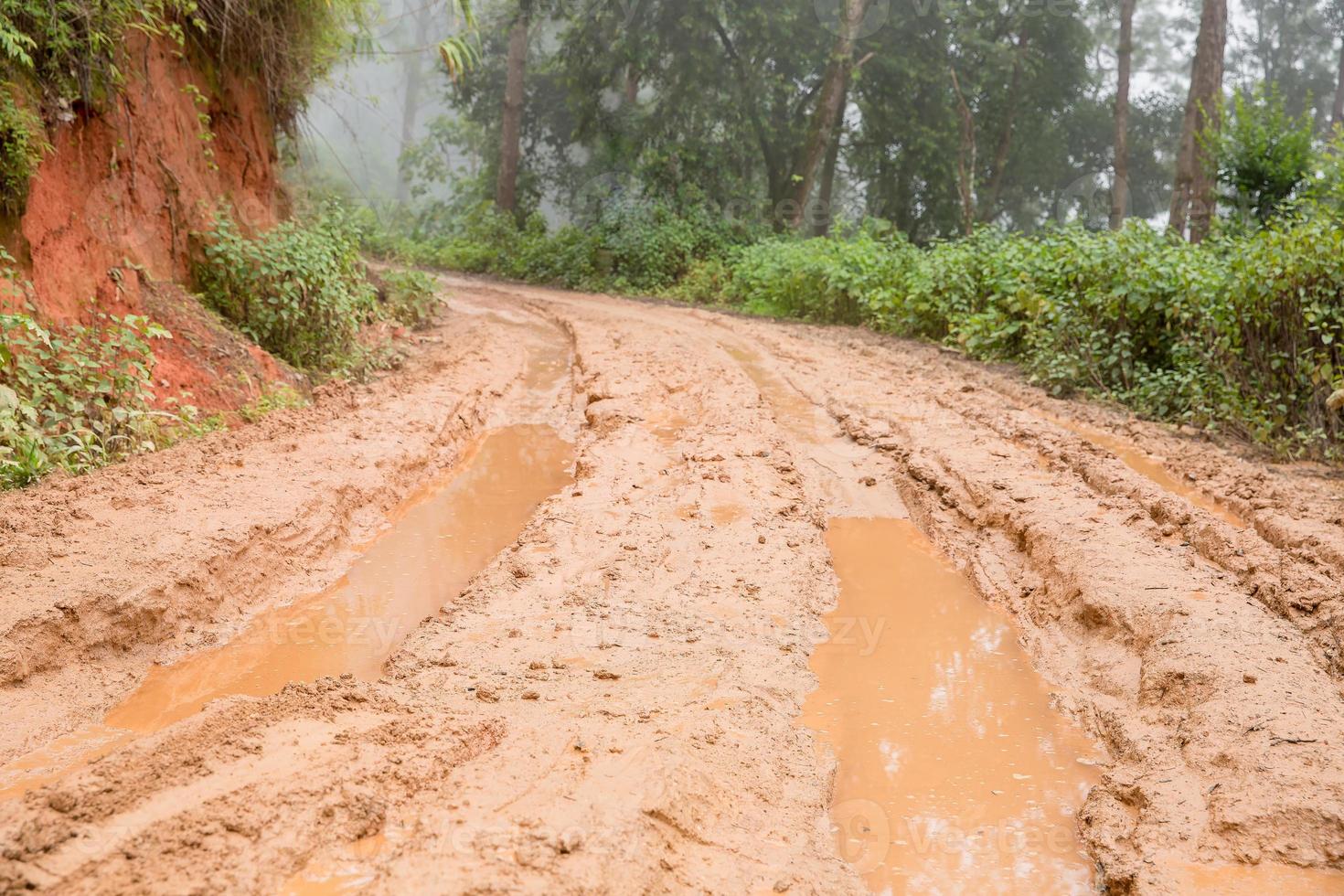 schlammige nasse landstraße in chiang mai, nördlich von thailand. Track-Trail-Schlamm-Straße in der ländlichen Landschaft der Waldnatur. brauner Lehmpfützenweg Transport im Land foto