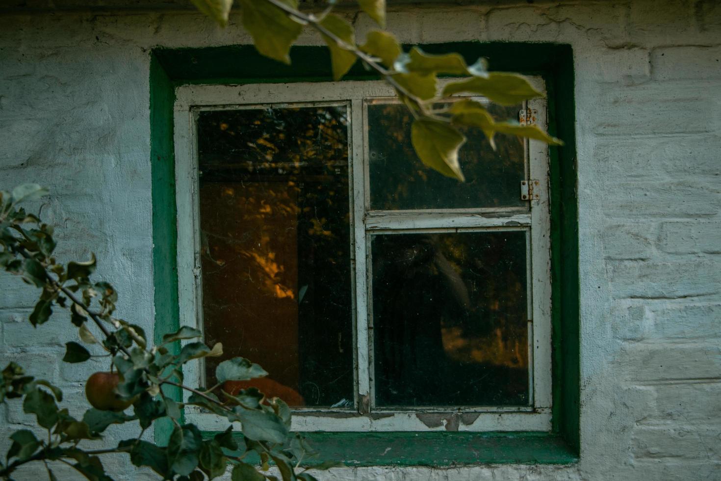Das Fenster im alten ukrainischen Dorfhaus mit dem Apfelbaum im Vordergrund foto