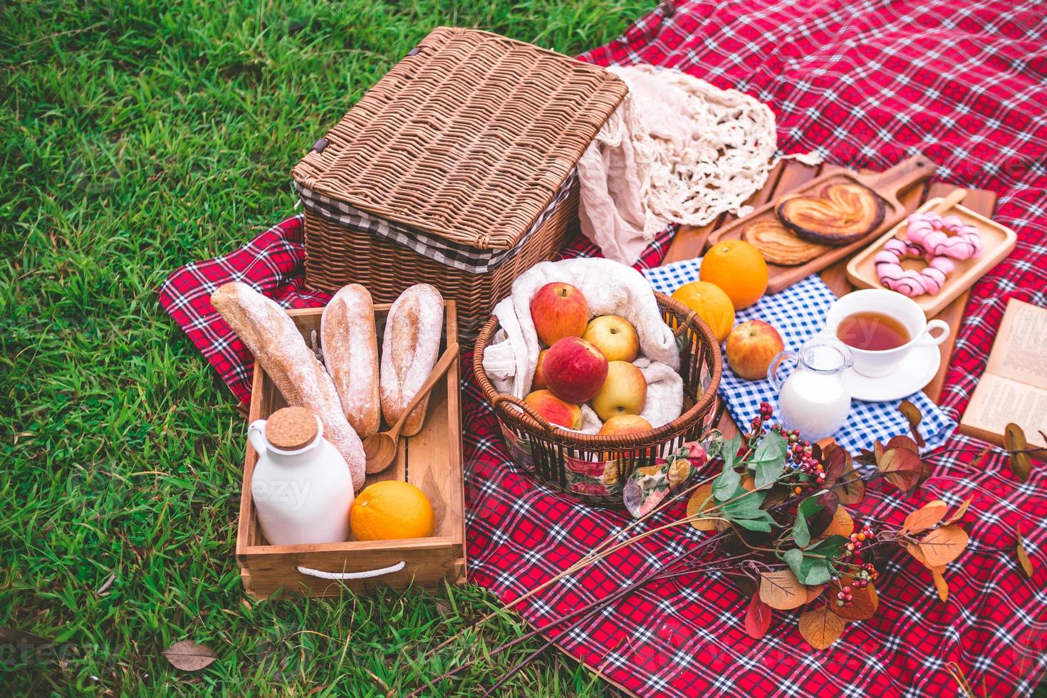 sommerpicknick mit einem korb mit essen auf einer decke im park. foto