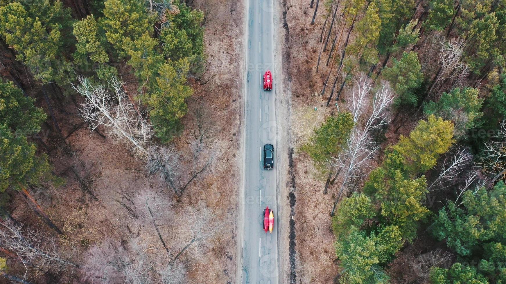 Mehrere Autos mit Kajaks auf dem Dachträger fahren auf der Straße zwischen Bäumen foto