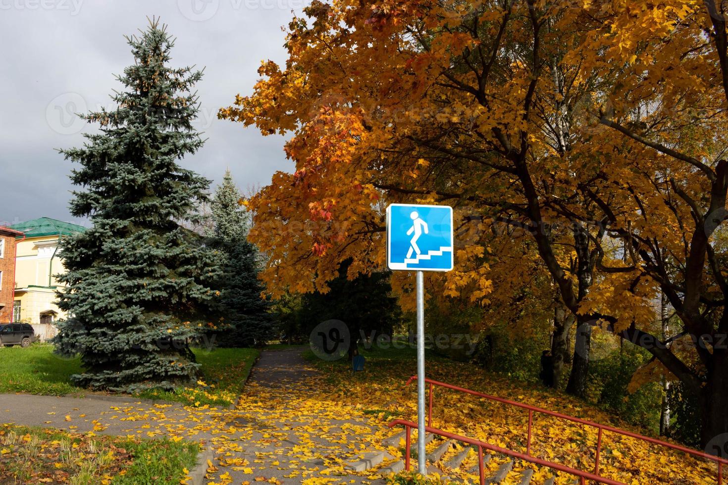 Verkehrszeichen an einem klaren Herbsttag. Verkehrssicherheitskonzept foto