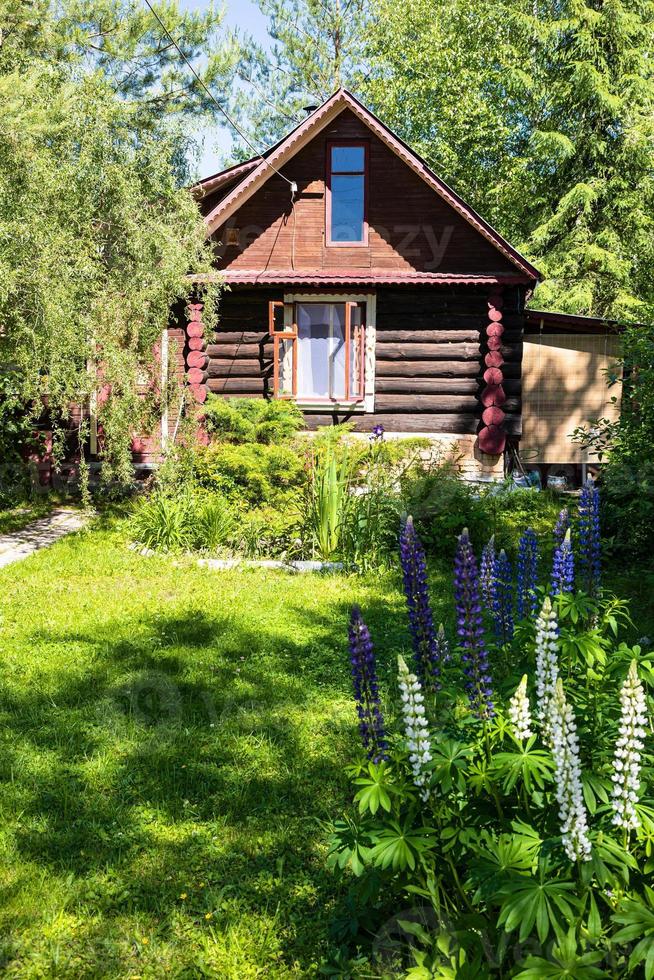 Ländliches Blockhaus aus Holz im Ziergarten foto