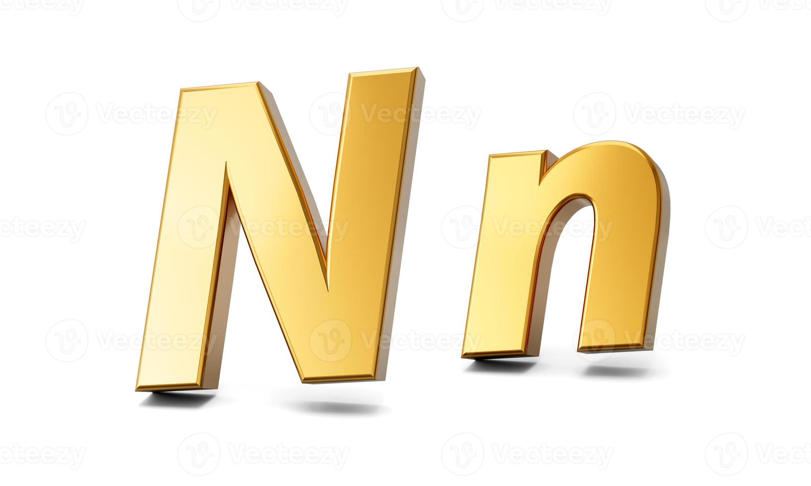 3D-Buchstabe n in Goldmetall auf weißem, isoliertem Hintergrund, Groß- und Kleinbuchstaben 3D-Illustration foto