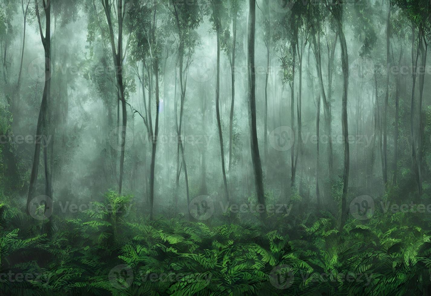 exotischer nebliger wald dschungelpanorama waldoase nebliger dunkler wald natürliche waldlandschaft foto