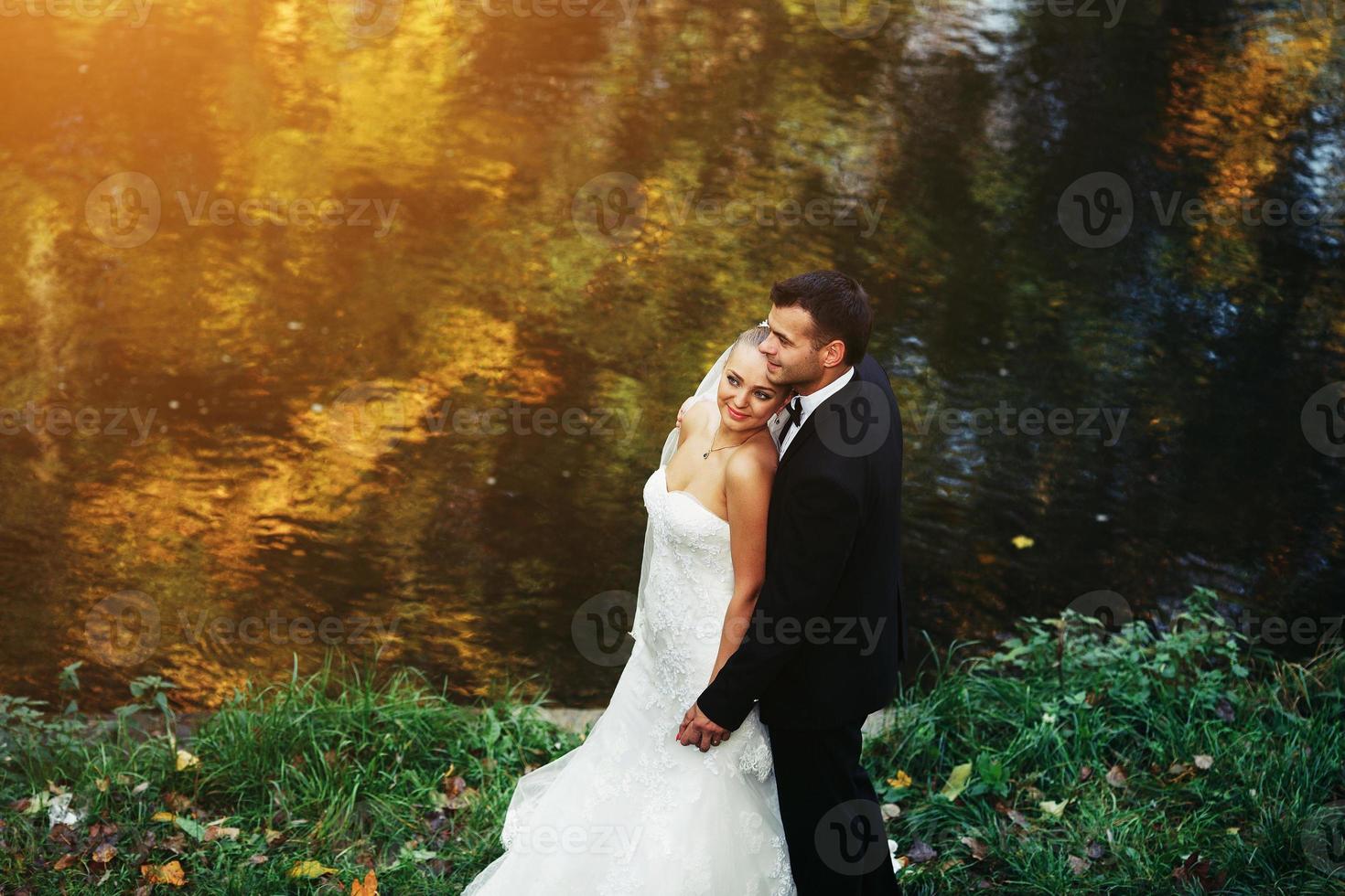 schönes Hochzeitspaar posiert im Wald foto