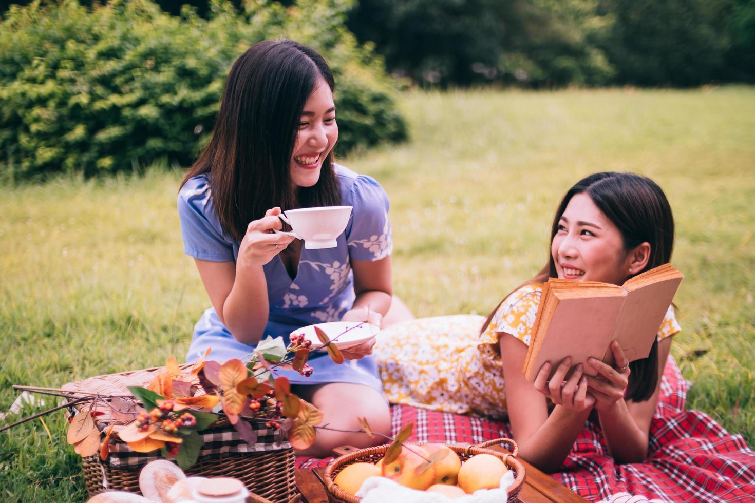 Zwei Freundinnen genießen gemeinsam ein Picknick in einem Park. foto