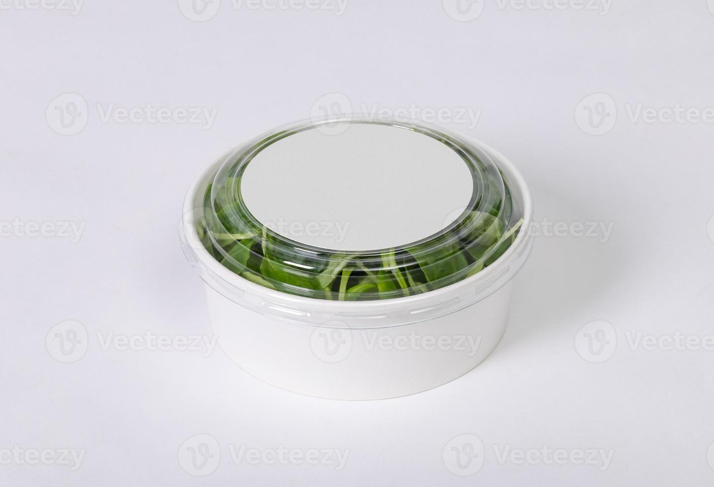 Essensbehälter zum Mitnehmen runder Kasten mit Gemüse und Obst, Kopierfläche für Ihr Logo oder Grafikdesign foto
