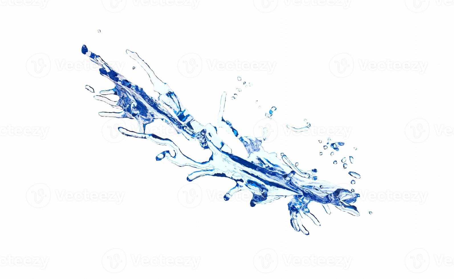 3D klares blaues Wasser herum verstreut, Spritzwasser transparent, isoliert auf weißem Hintergrund. 3D-Darstellung foto