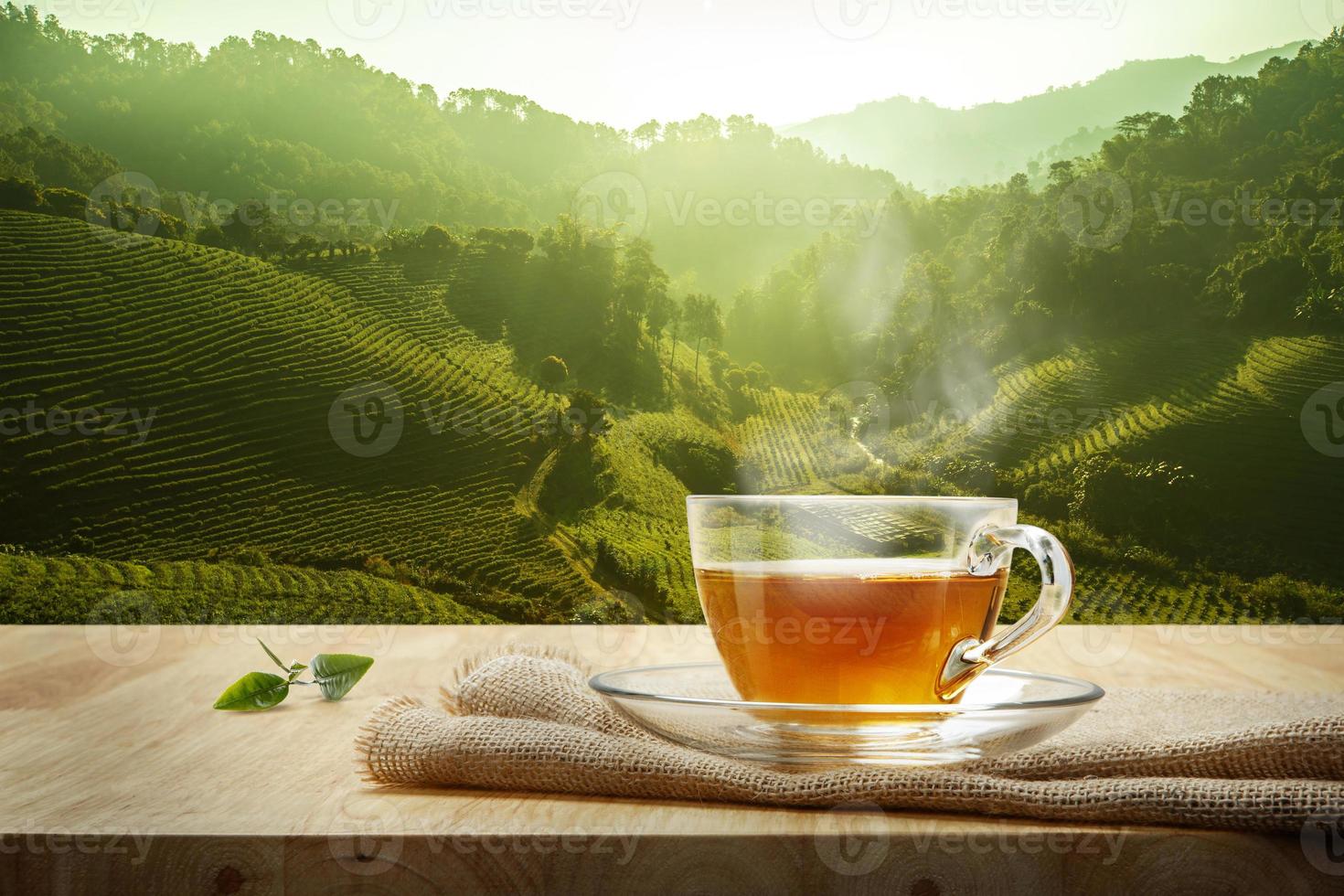 warme tasse tee und teeblatt und sack auf dem holztisch und dem hintergrund der teeplantagen foto