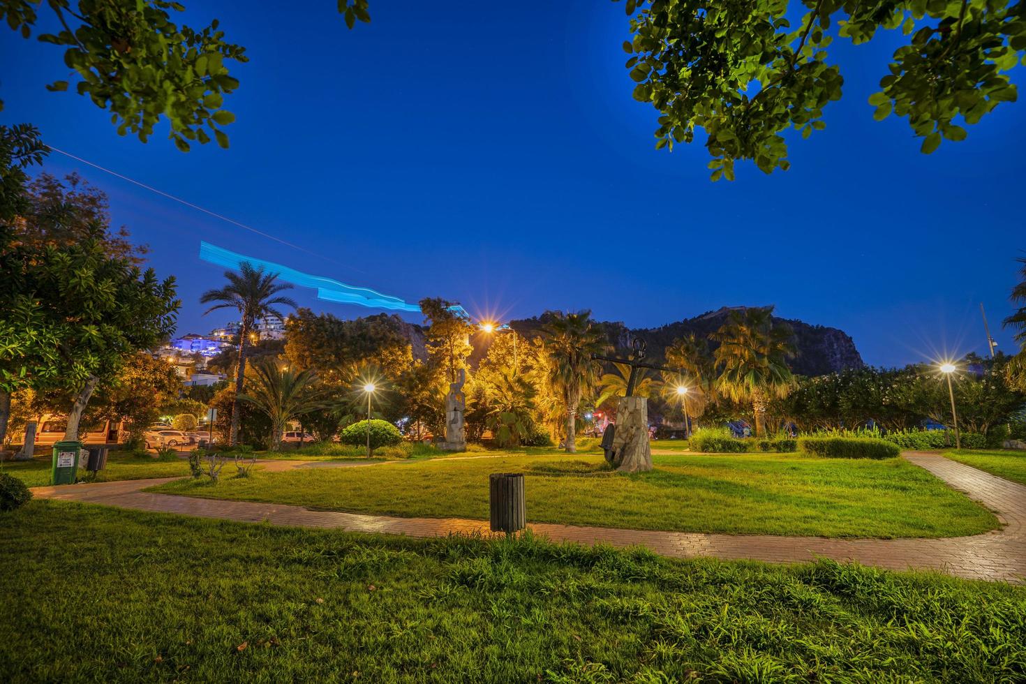 friedlicher park der nacht mit straßenlaternen, bäumen, grünem gras und pfad. foto