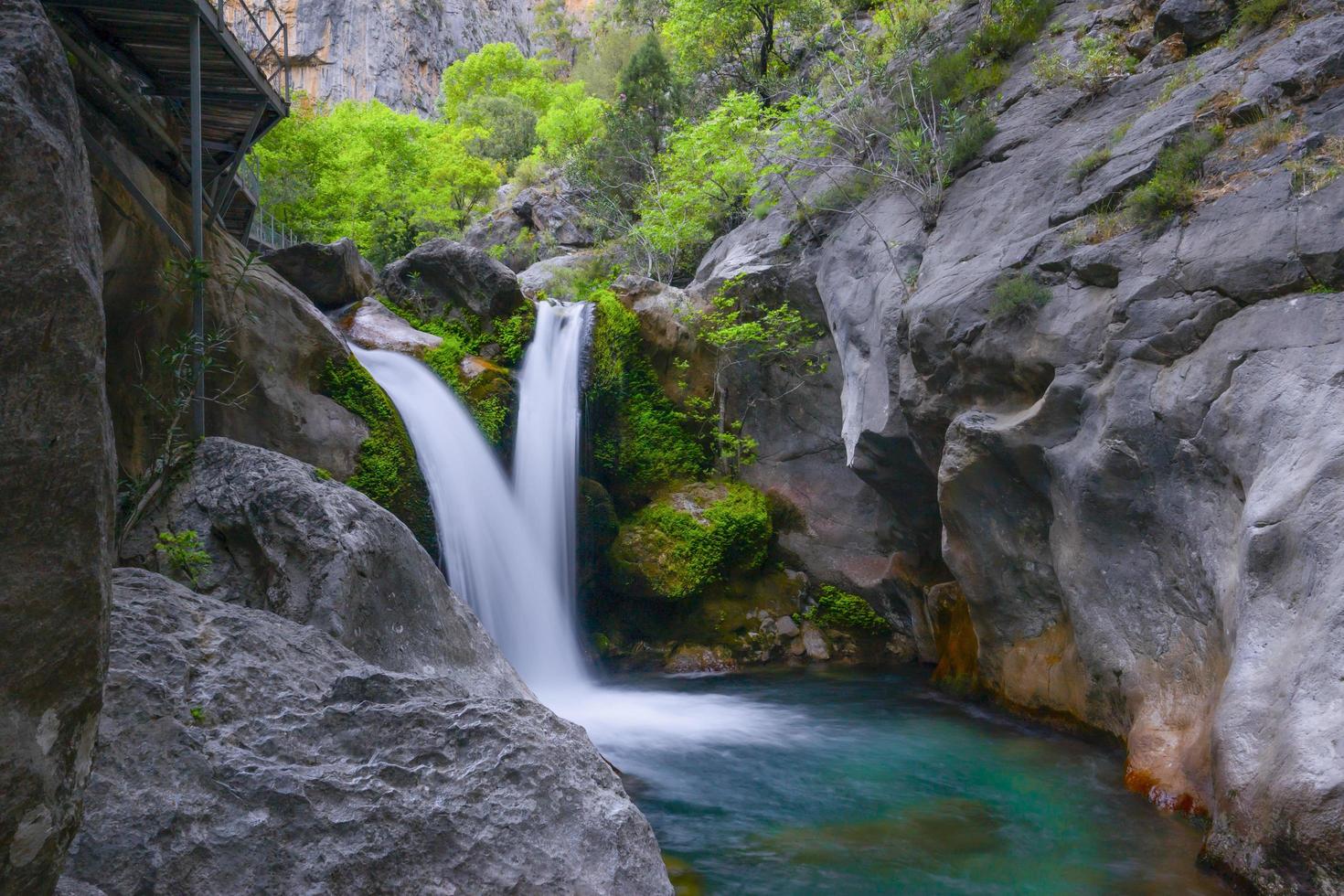 Bergwasserfall in einer felsigen Schlucht, die mit grünem Wald bewachsen ist. Strom von eisigem Wasser fällt auf moosige Steine. foto