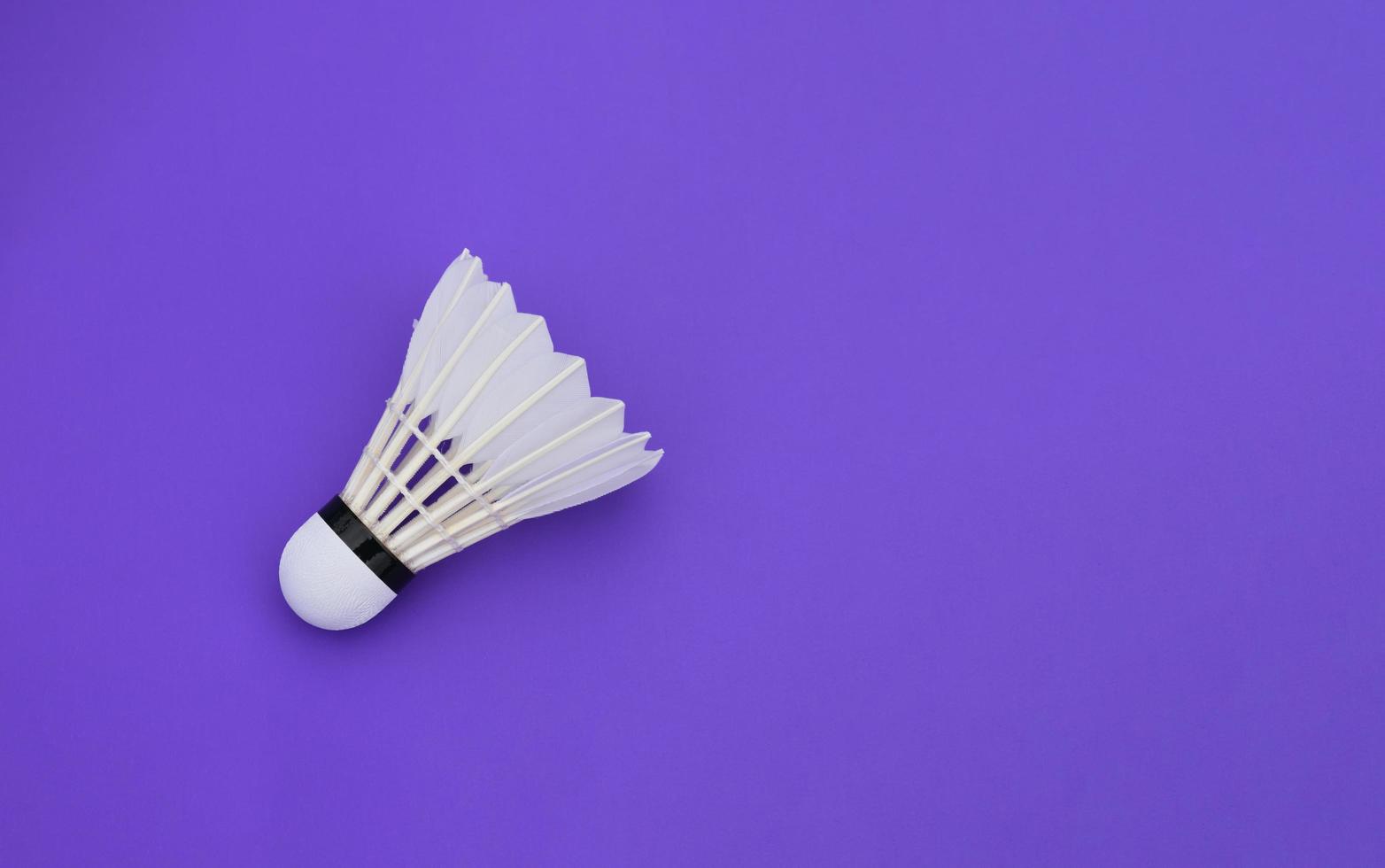 Weiße cremefarbene Badminton-Federbälle auf violettem Boden, Indoor-Badmintonplatz, weicher und selektiver Fokus auf Federball, Konzept für Badminton-Sportliebhaber auf der ganzen Welt. foto