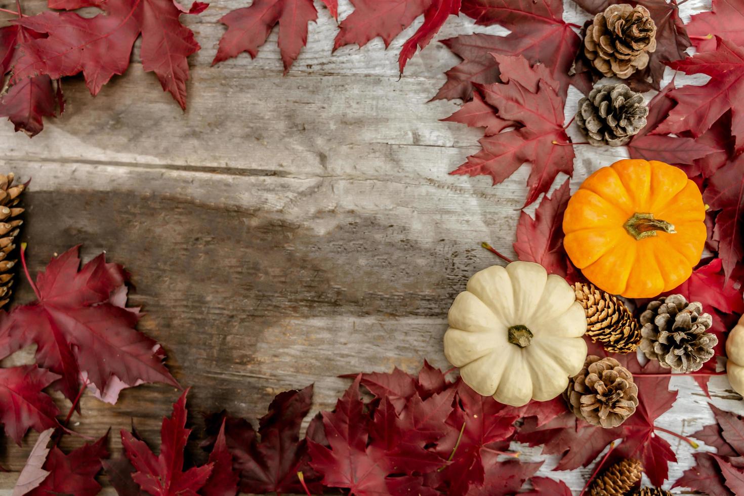 festliche herbstdekoration aus kürbissen, kiefern und blättern auf einem hölzernen hintergrund. konzept des erntedankfestes oder halloweens. flach gelegte herbstkomposition mit kopierraum. foto