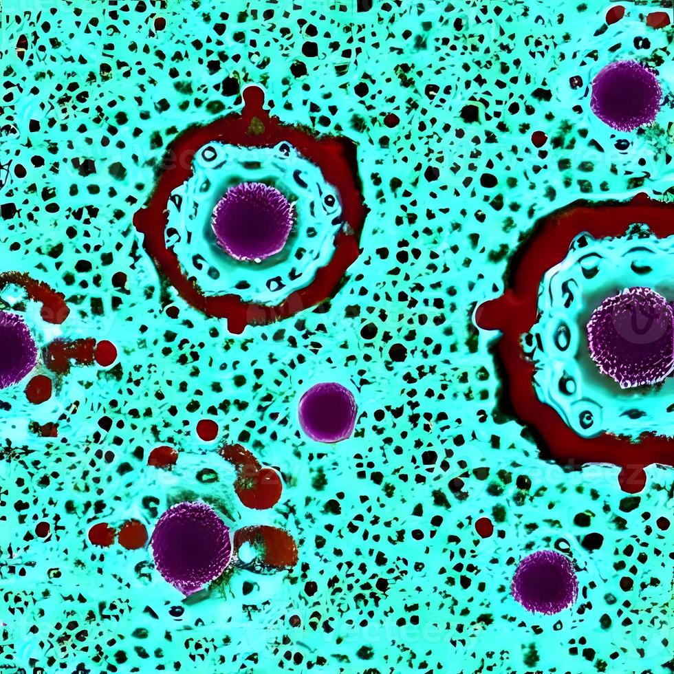 virus, bakterien, pilze medizinischer 3d-hintergrund. Omicron, Rhinovirus, HPV-Infektion, HIV, Adenovirus, Grippeviruszellen, Antikörper, Bakteriophagen foto