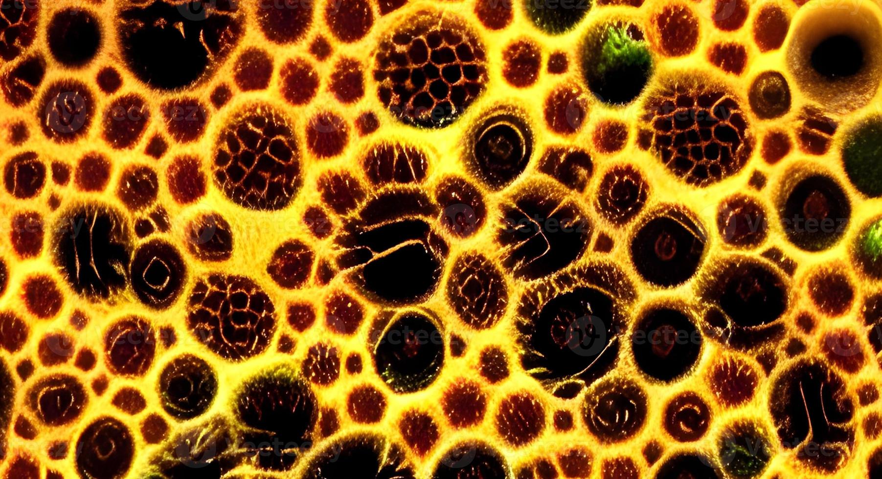 realistische mikroskopische viren verschiedener form auf blauem unscharfem hintergrund nahtlose musterillustration foto