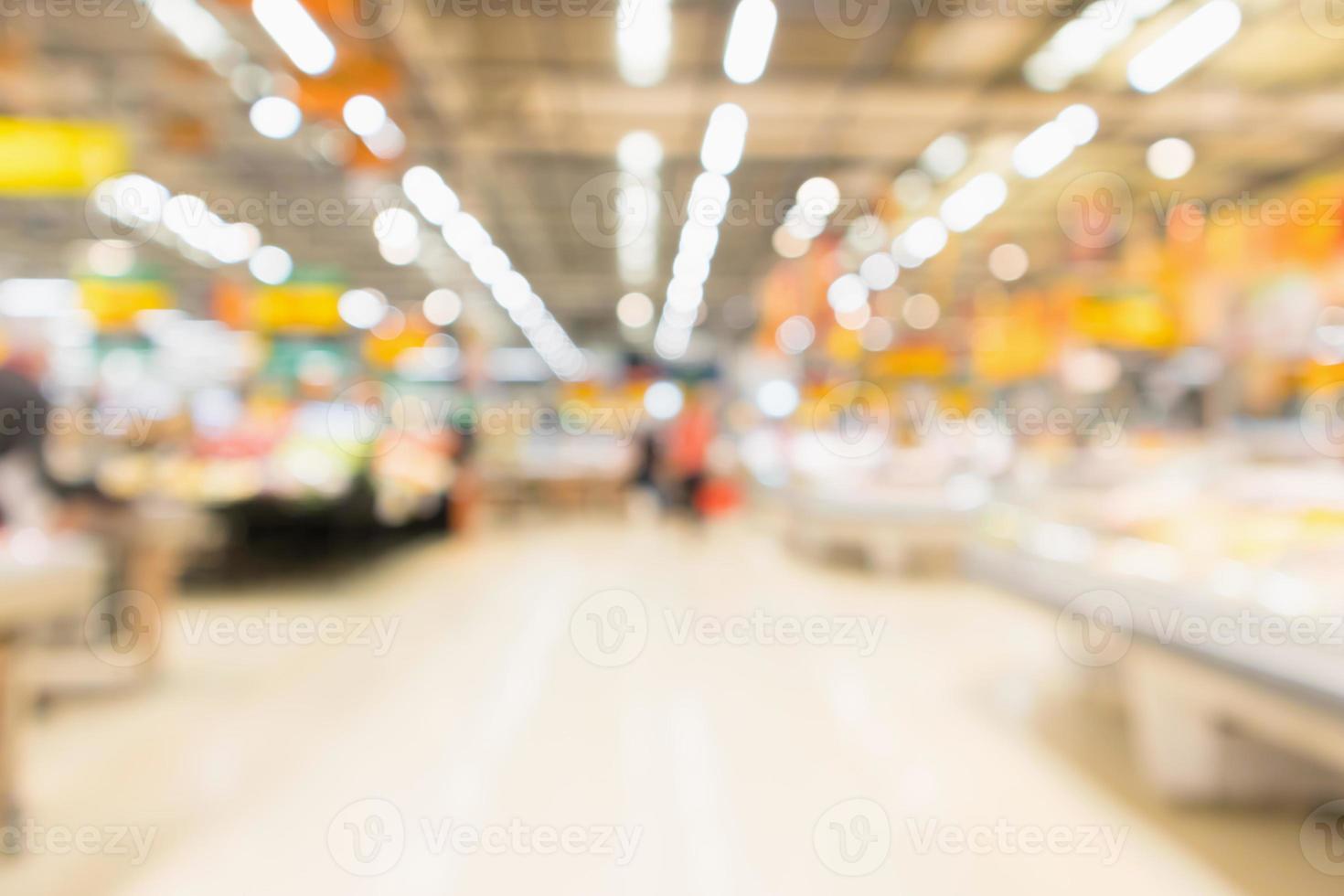 Abstrakter Supermarkt-Lebensmittelladen verschwommener defokussierter Hintergrund mit Bokeh-Licht foto