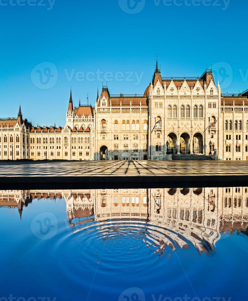 Vorderansicht des Parlamentsgebäudes in Budapest mit Reflectionio foto