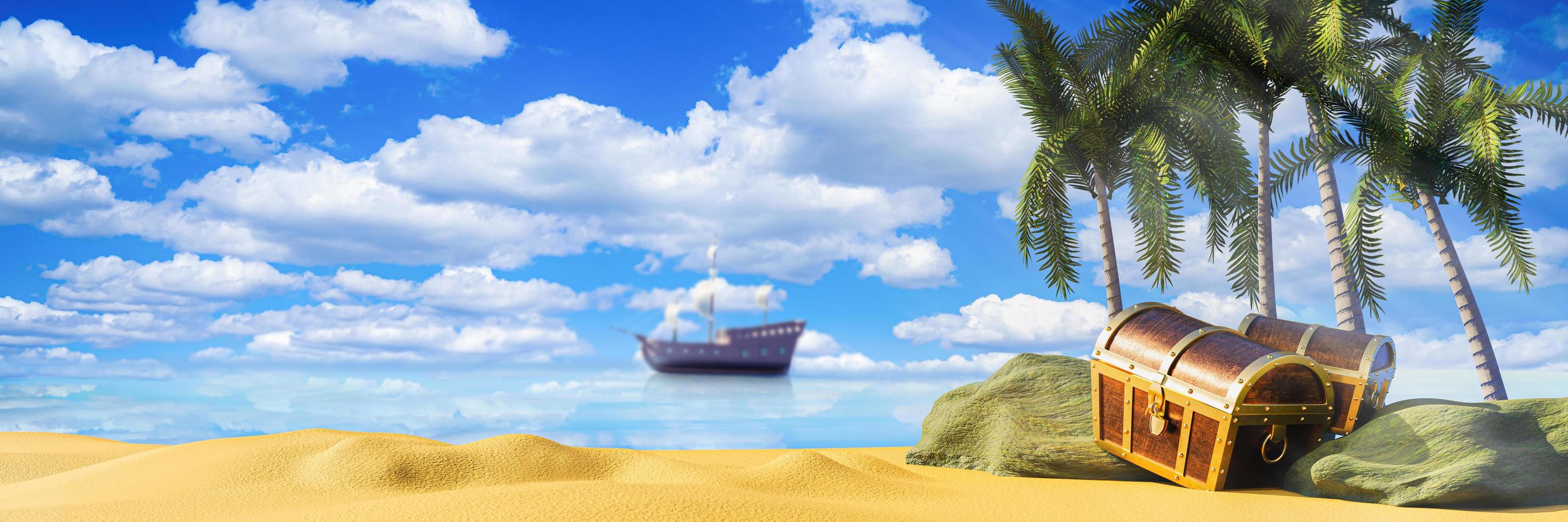 Kisten oder Schatztruhen. hölzerne Schatzkiste am Strand einer einsamen Insel zum Thema Piratenschatz. 3D-Rendering foto