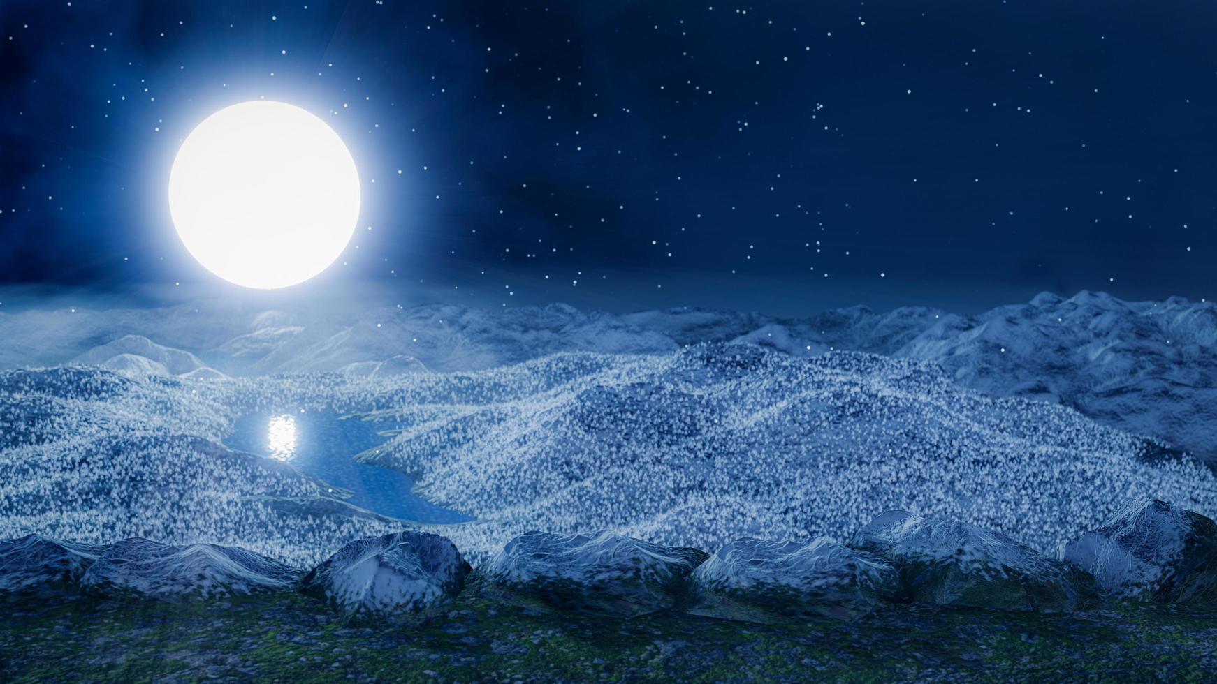 Gelände, hohe Berge und Klippen in der Nacht, wenn es im Winter schneit. Vollmondnacht auf einem hohen Berg. 3D-Rendering foto