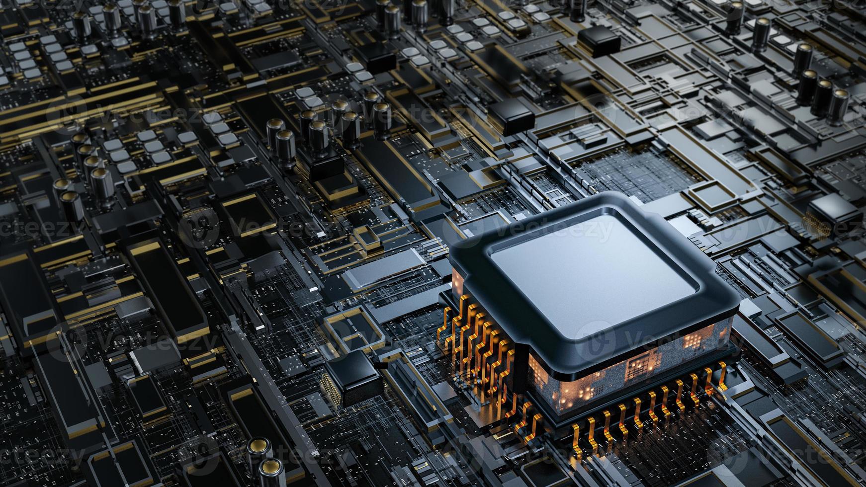 Motherboard-Panel, elektronisches Gerät oder Hauptplatine. Industrietechnologie-Image innerhalb von Industriemaschinen. oder eine Platine. CPU oder Prozessorchip auf einer Platine. 3D-Rendering foto