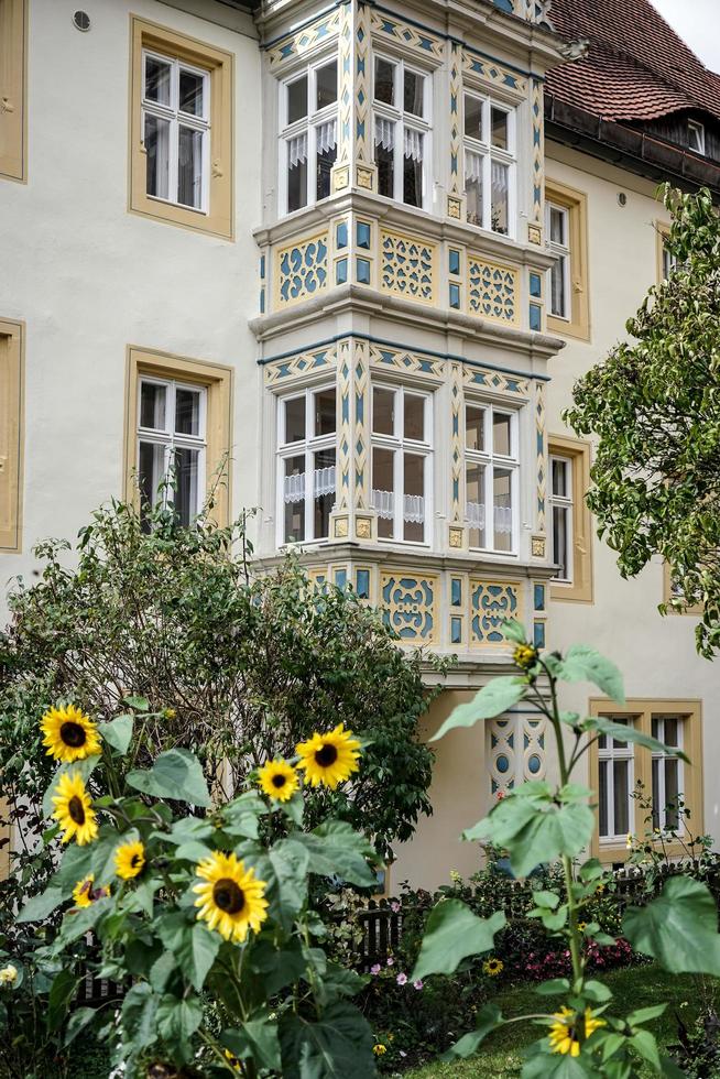 rothenburg, deutschland, 2014. sonnenblumen blühen vor einem alten gebäude in rothenburg foto