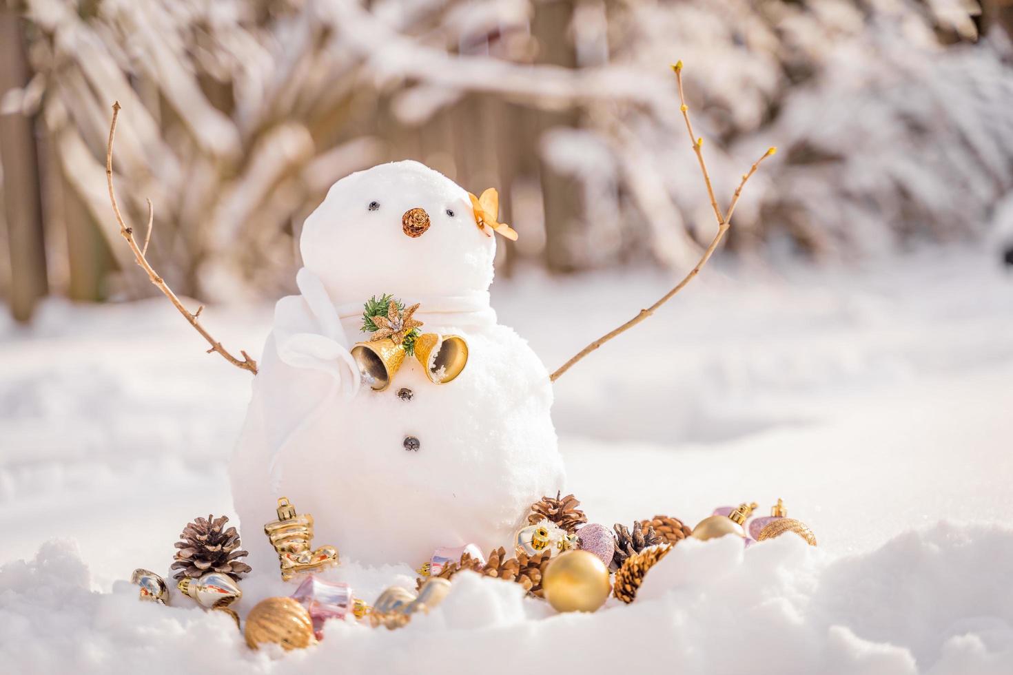 Grußkarte der frohen Weihnachten und des guten Rutsch ins Neue Jahr mit Kopienraum. Viele Schneemänner, die in der Winterweihnachtslandschaft stehen. Winterhintergrund. Schneemann mit trockener Blume und Kiefer. Frohe Feiertage und Feiern. foto