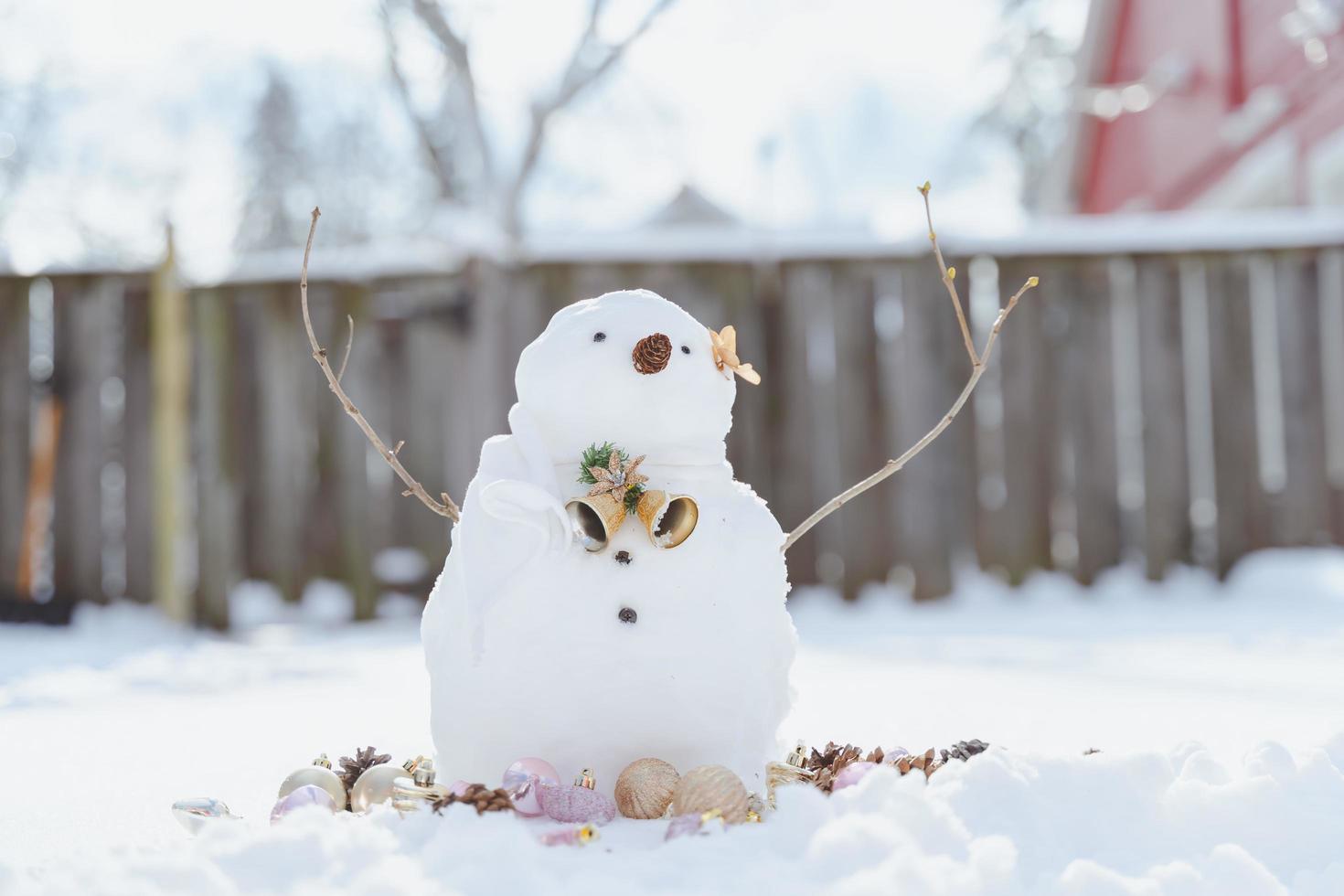 Grußkarte der frohen Weihnachten und des guten Rutsch ins Neue Jahr mit Kopienraum. Viele Schneemänner, die in der Winterweihnachtslandschaft stehen. Winterhintergrund. Schneemann mit trockener Blume und Kiefer. Frohe Feiertage und Feiern. foto