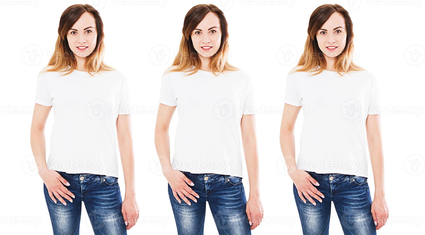 drei Frau im weißen T-Shirt Mock-up isoliert auf weißem Hintergrund, Mädchen im leeren leeren T-Shirt verschieden foto