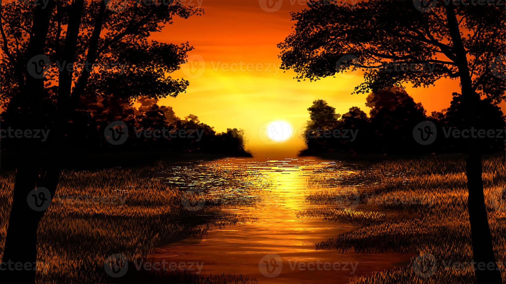 fluss wald sonnenuntergang landschaft illustration. foto