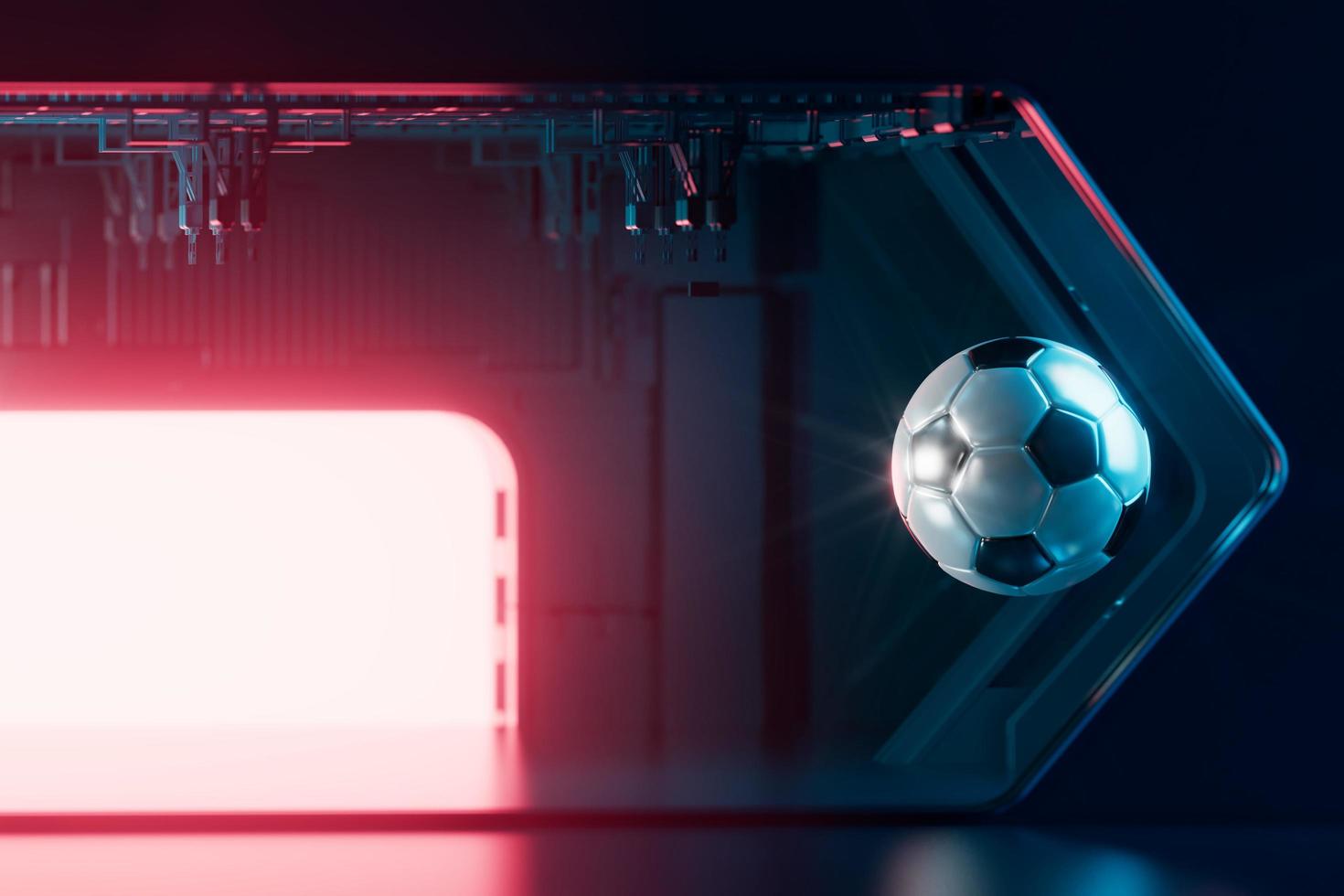 Fußball 3D-Objekt im abstrakten Hintergrund, Arena-Konzeptdesign, Kopierraum, 3D-Illustration, leuchtender Neonlicht-Textrahmen, 3D-Rendering-Element, Fußballspielsport, Sportausrüstung, realistischer Ball foto