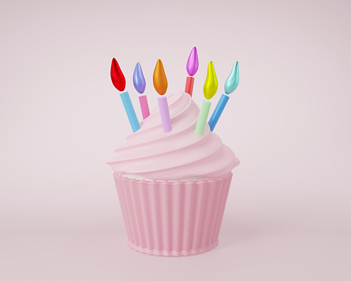 süßer kuchen 3d cupcake zum geburtstag rosa farbe auf pastellhintergrund mit einer bunten kerze, design für eine geschenkkarte. 3D-Darstellungsdesign. foto