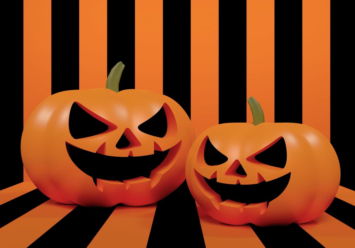 3D-Rendering Kürbis Lächeln Gesicht Jack-o-Laternen zwei Kopf auf schwarzem und orangefarbenem Hintergrund, Design für Poster Halloween Hintergrund bunt. Illustrations-Rendering-Design 3d. foto