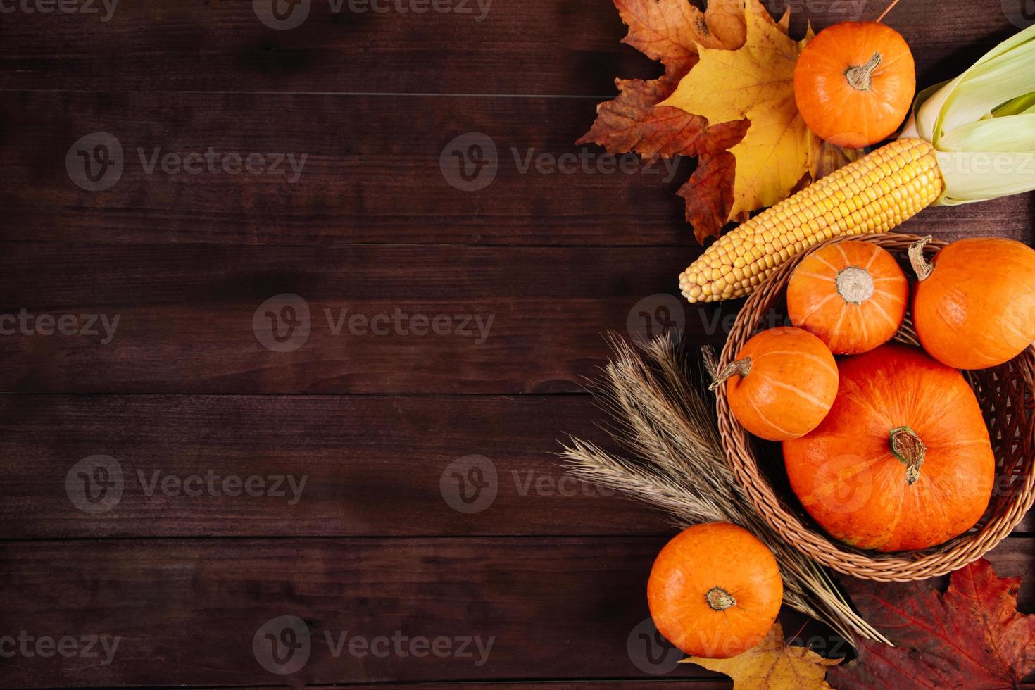 frohes Erntedankfest. Reife orangefarbene Kürbisse, Weizen und Mais auf braunem Holzhintergrund. foto