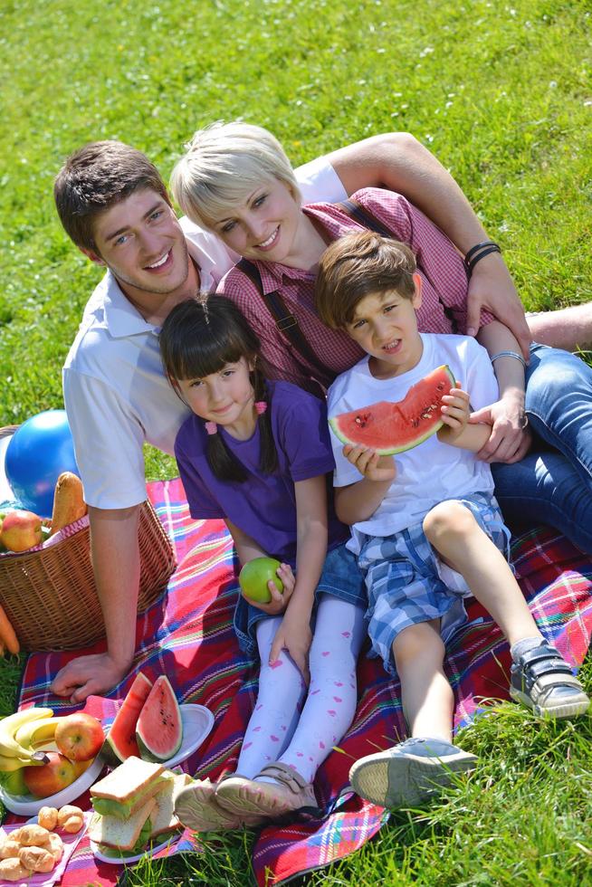 glückliche familie, die zusammen in einem picknick im freien spielt foto