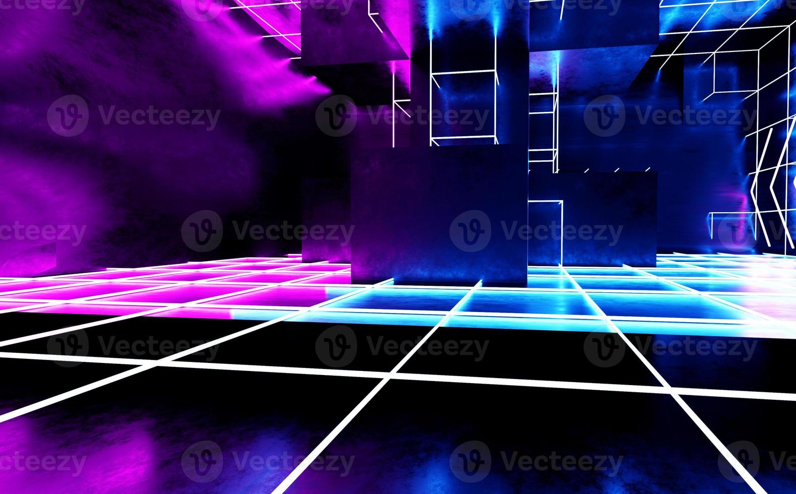 moderner futuristischer Sci-Fi-Rohling, der Beton reflektiert. Zimmer mit violettem und blauem fluoreszierendem Neon foto