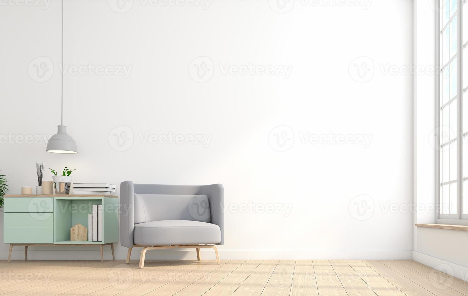 minimalistisches Interieur des Wohnzimmers mit Sessel und Tisch an weißer Wand. 3D-Rendering foto