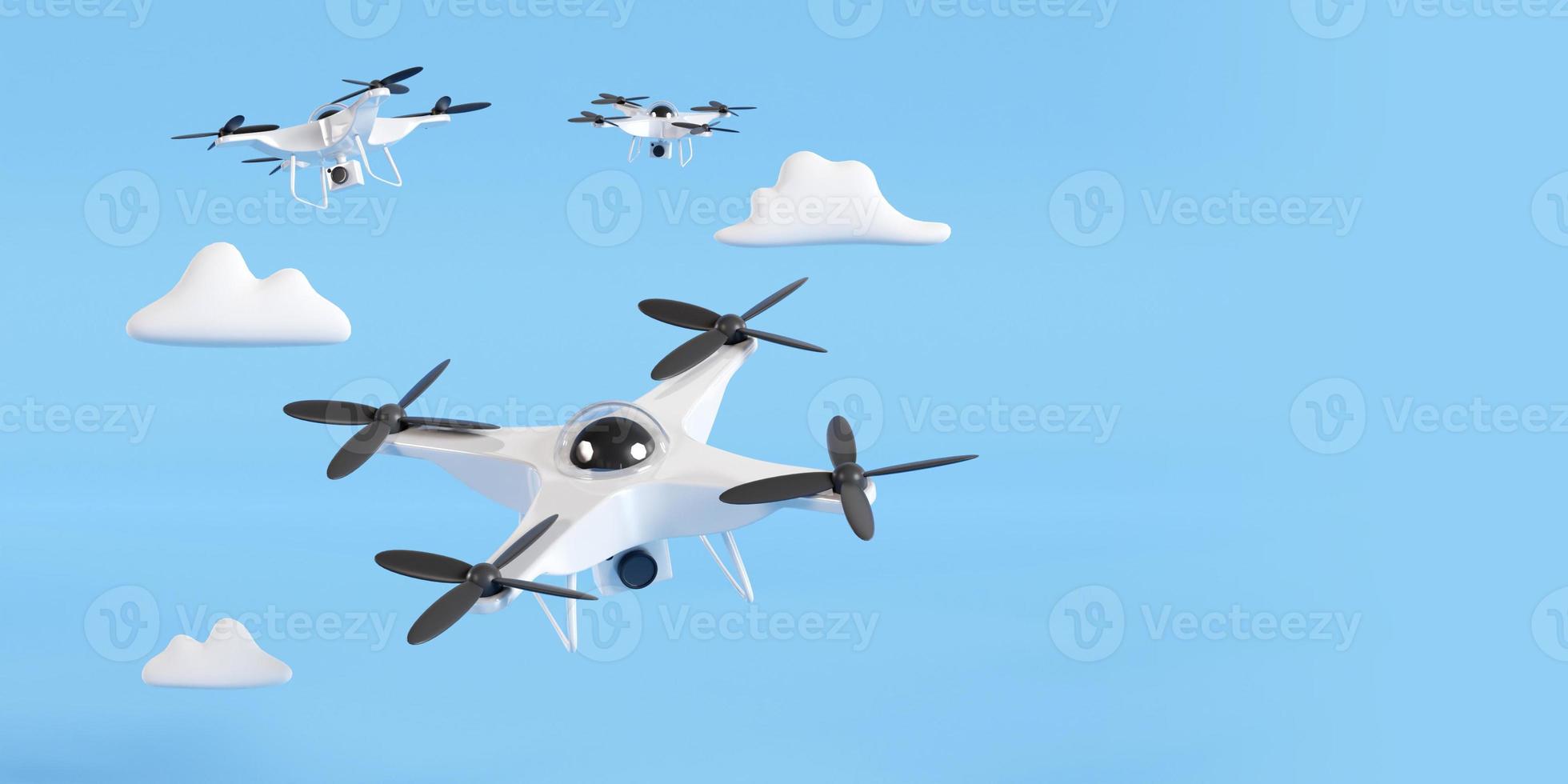 Drohne fliegt auf blauem Himmel und Wolken. 3D-Rendering foto