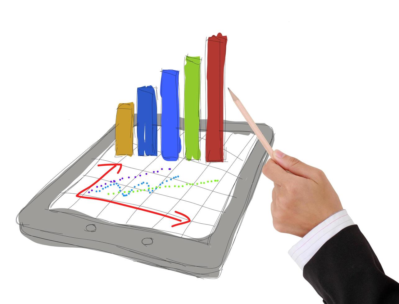 Skizzen-Computertablett, das eine Tabelle mit Diagrammen zeigt foto