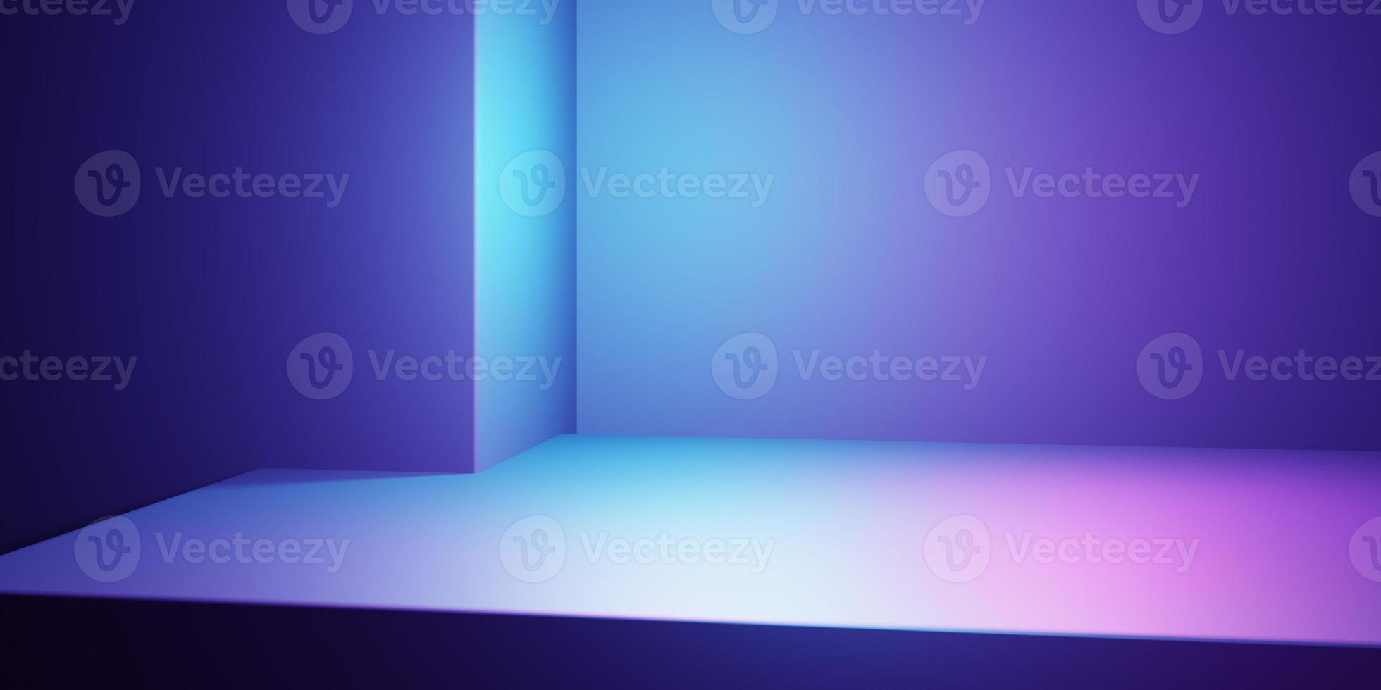 3D-Rendering von lila und blauem Neonlicht abstrakten geometrischen Hintergrund. szene für werbung, technik, showroom, business, zukunft, modern, sport, metaverse. Science-Fiction-Illustration. Warenpräsentation foto