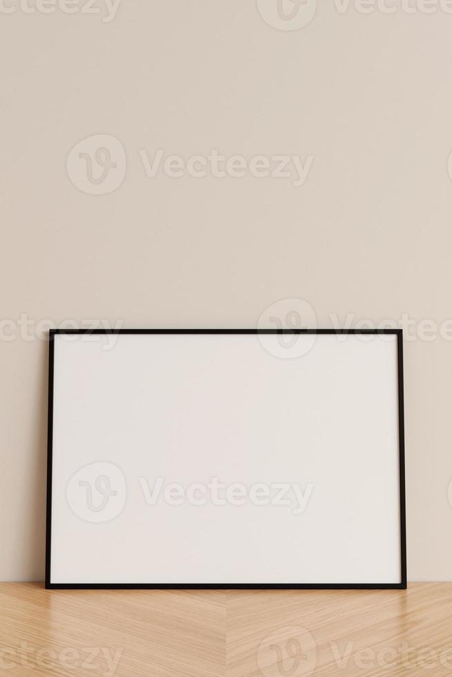 Saubere und minimalistische Vorderansicht horizontales schwarzes Foto- oder Posterrahmenmodell, das an der Wand auf Holzboden lehnt. 3D-Rendering. foto