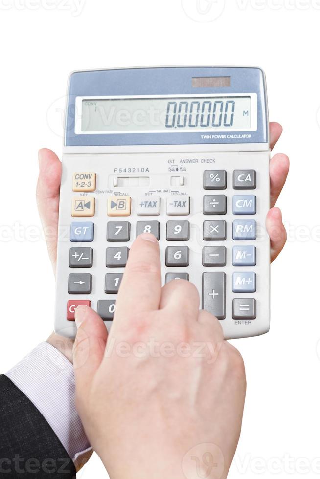 Taschenrechner in den Händen des Geschäftsmannes getrennt auf Weiß foto