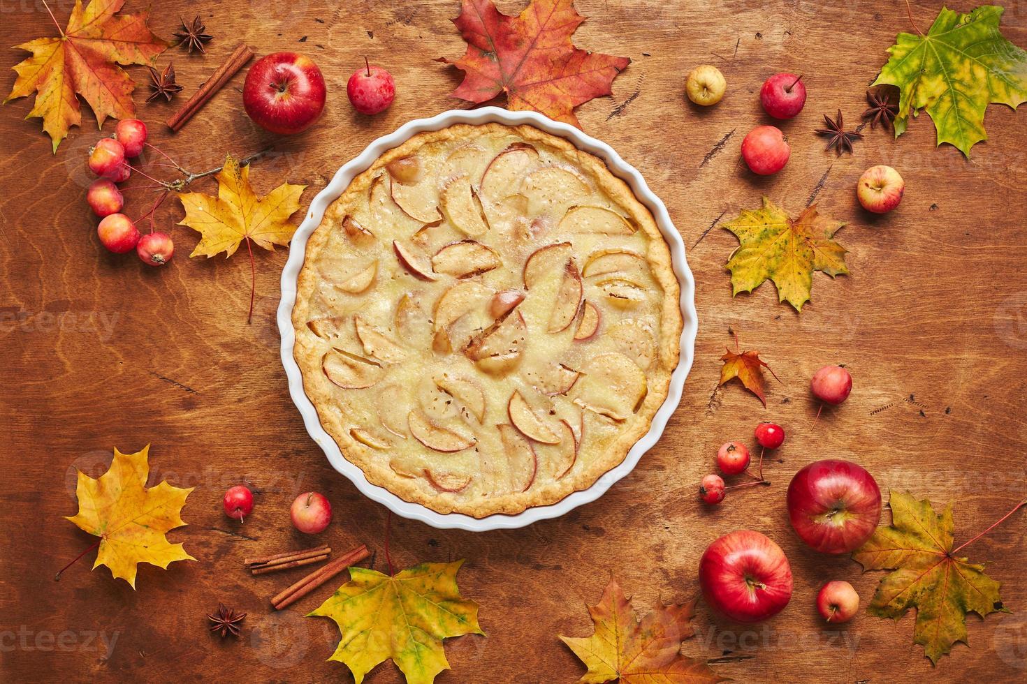 Hausgemachter Apfelkuchen mit Sauerrahm, roten Äpfeln, Holzäpfeln und Zimt über Holzhintergrund, Draufsicht foto