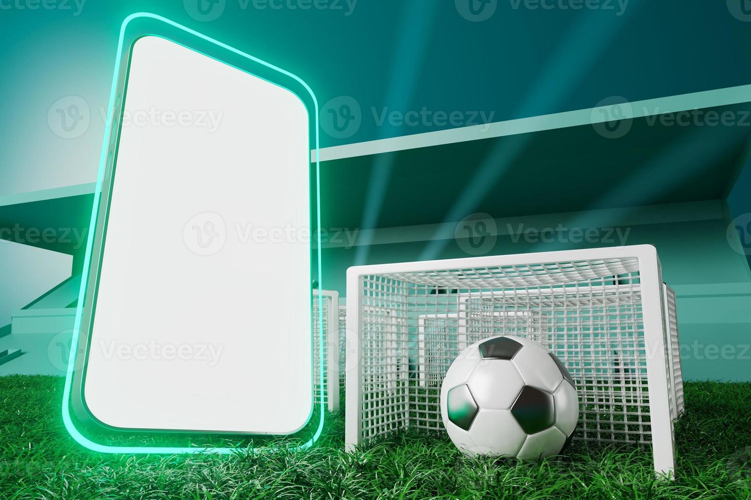 Fußballkugelobjekt, Sportballdesign, Fußballelementkonzept, 3D-Illustration, abstrakte Fußballtechnologie, 3D-realistische Darstellung, grüne Rasenfläche, Online-Sport live, Casino-Sportgeschäft foto