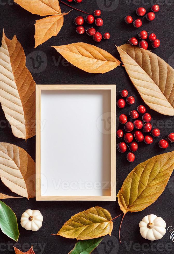 Herbstthema-Fotorahmen-Mock-up-Bild, umgeben von Blättern und Beeren foto