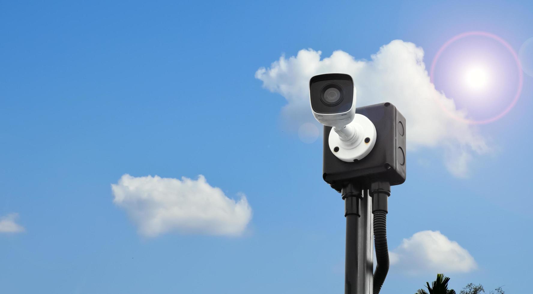 Mini-IP-CCTV-Kamera, die auf einer Holzstange installiert ist, um die Sicherheit anstelle eines Menschen durch Überwachung durch Mobiltelefon, weicher und selektiver Fokus zu gewährleisten. foto