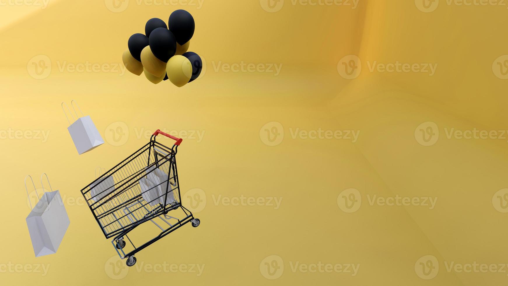 3D-Rendering, Warenkorb gelber Hintergrund, Kopierraum, Einkaufs- und Einkaufstaschen foto